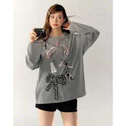 AsGony 3D Bow Knot Cartoon Casual L/S T-Shirt Gray
