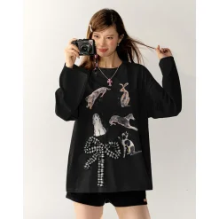 AsGony 3D Bow Knot Cartoon Casual L/S T-Shirt Black