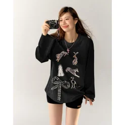 AsGony 3D Bow Knot Cartoon Casual L/S T-Shirt Black