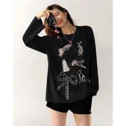 AsGony 3D Bow Knot Cartoon Casual L/S T-Shirt Black