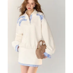 AsGony 3D Bow Knot Contrast Color Fake-2-Piece Casual Sweater