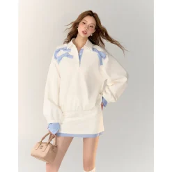 AsGony 3D Bow Knot Contrast Color Fake-2-Piece Casual Sweater