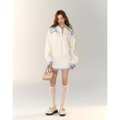 AsGony 3D Bow Knot Contrast Color Fake-2-Piece Casual Sweater