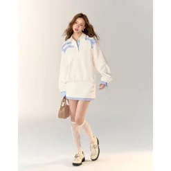 AsGony 3D Bow Knot Contrast Color Fake-2-Piece Casual Sweater