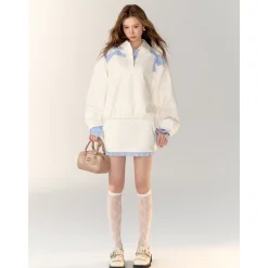 AsGony 3D Bow Knot Contrast Color Fake-2-Piece Casual Sweater