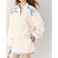 AsGony 3D Bow Knot Contrast Color Fake-2-Piece Casual Sweater