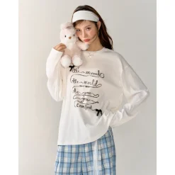 AsGony 3D Bow Knot Printed Casual L/S T-Shirt White