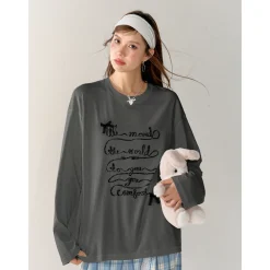 AsGony 3D Bow Knot Printed Casual L/S T-Shirt Gray
