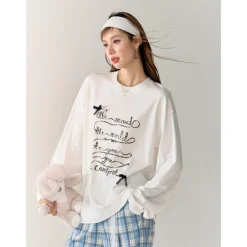 AsGony 3D Bow Knot Printed Casual L/S T-Shirt White