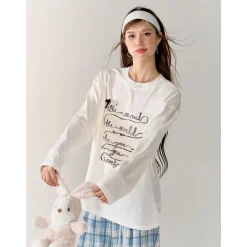 AsGony 3D Bow Knot Printed Casual L/S T-Shirt White