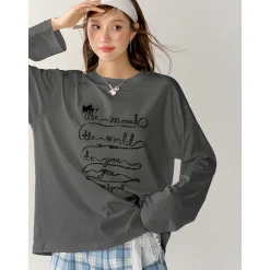 AsGony 3D Bow Knot Printed Casual L/S T-Shirt Gray