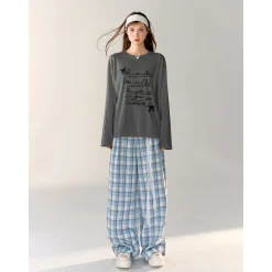 AsGony 3D Bow Knot Printed Casual L/S T-Shirt Gray
