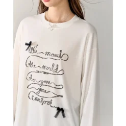 AsGony 3D Bow Knot Printed Casual L/S T-Shirt White