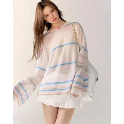 AsGony 3D Colorful Striped Casual L/S T-Shirt