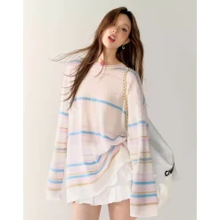 AsGony 3D Colorful Striped Casual L/S T-Shirt