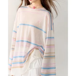 AsGony 3D Colorful Striped Casual L/S T-Shirt