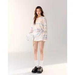 AsGony 3D Colorful Striped Casual L/S T-Shirt