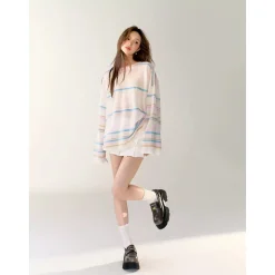 AsGony 3D Colorful Striped Casual L/S T-Shirt