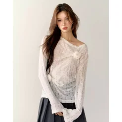 AsGony 3D Flower Hollow Cutting Knit Top White