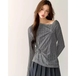 AsGony 3D Flower Hollow Cutting Knit Top Gray