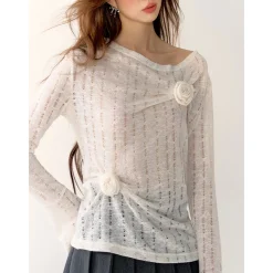 AsGony 3D Flower Hollow Cutting Knit Top White