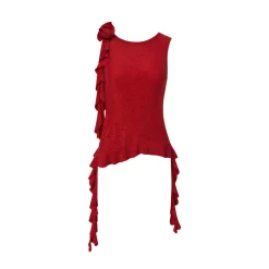 AsGony Flower Ribbon Irregular Ruffled Vest Red