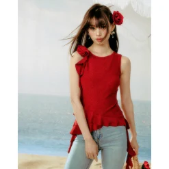 AsGony Flower Ribbon Irregular Ruffled Vest Red
