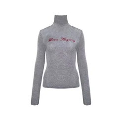 AsGony High Collar Beaded Slim Top Gray
