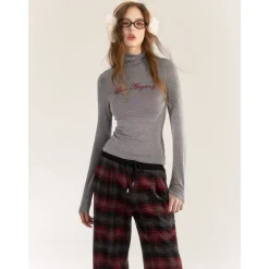 AsGony High Collar Beaded Slim Top Gray