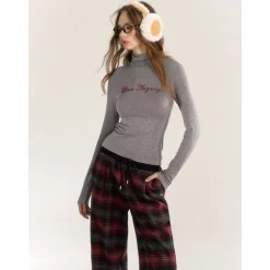 AsGony High Collar Beaded Slim Top Gray