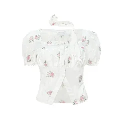 AsGony Hollow Cutting Floral Square Collar Puff Sleeve Shirt