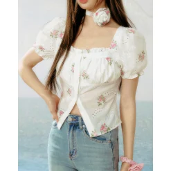 AsGony Hollow Cutting Floral Square Collar Puff Sleeve Shirt