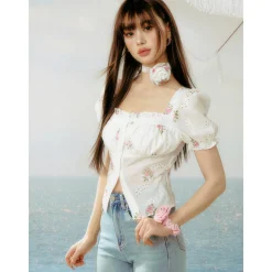 AsGony Hollow Cutting Floral Square Collar Puff Sleeve Shirt