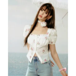 AsGony Hollow Cutting Floral Square Collar Puff Sleeve Shirt