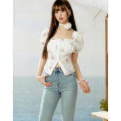 AsGony Hollow Cutting Floral Square Collar Puff Sleeve Shirt