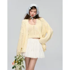 AsGony Hollow Cutting Lace Patchwork Knit Slip Vest Yellow