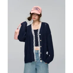 AsGony Hollow Cutting Lace Patchwork Knit Slip Vest Navy Blue