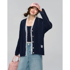 AsGony Hollow Cutting Lace Patchwork Knit Slip Vest Navy Blue