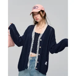 AsGony Hollow Cutting Lace Patchwork Knit Slip Vest Navy Blue