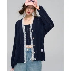 AsGony Hollow Cutting Lace Patchwork Knit Slip Vest Navy Blue