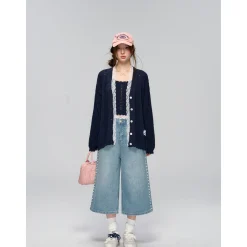 AsGony Hollow Cutting Lace Patchwork Knit Slip Vest Navy Blue