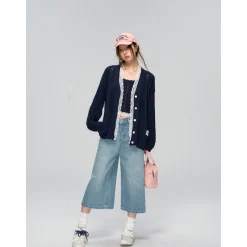 AsGony Hollow Cutting Lace Patchwork Knit Slip Vest Navy Blue