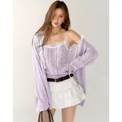 AsGony Lace Edge Hollow Cutting Knit Slip Vest Purple