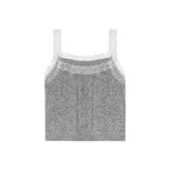 AsGony Lace Edge Hollow Cutting Knit Slip Vest Gray