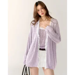 AsGony Lace Edge Hollow Cutting Knit Slip Vest Purple