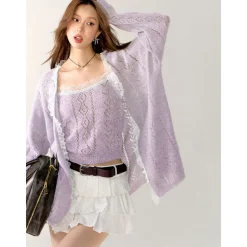 AsGony Lace Edge Hollow Cutting Knit Slip Vest Purple