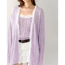 AsGony Lace Edge Hollow Cutting Knit Slip Vest Purple