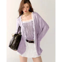 AsGony Lace Edge Hollow Cutting Knit Slip Vest Purple