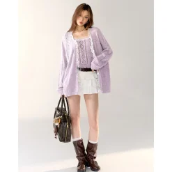 AsGony Lace Edge Hollow Cutting Knit Slip Vest Purple