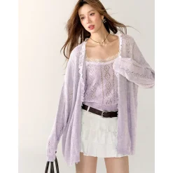 AsGony Lace Edge Hollow Cutting Knit Slip Vest Purple